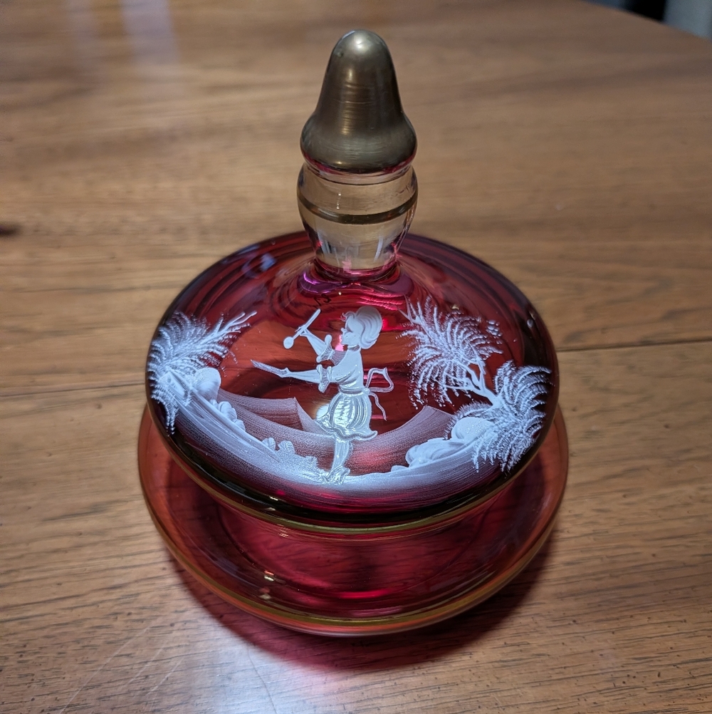 Fenton Ruby Red Glass Covered Jar with White Cameo Figure